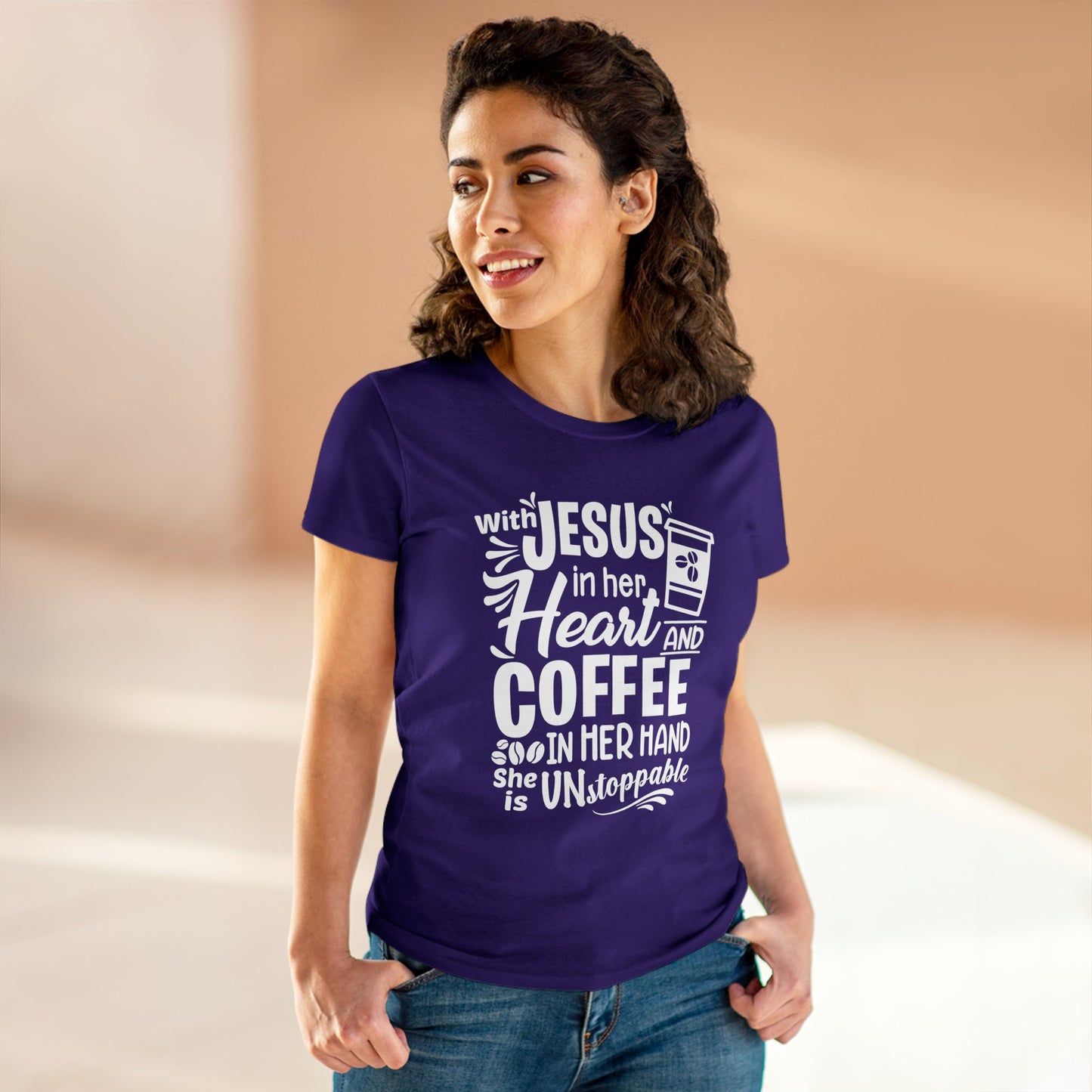 Jesus in her heart and coffee in her hand Women's T-Shirt