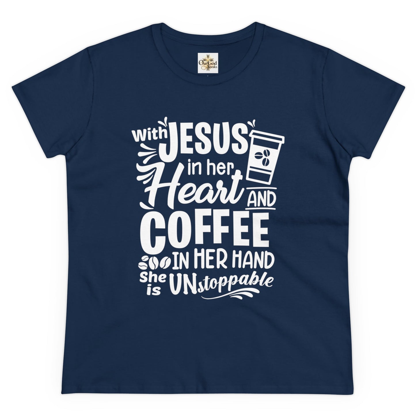 Jesus in her heart and coffee in her hand Women's T-Shirt