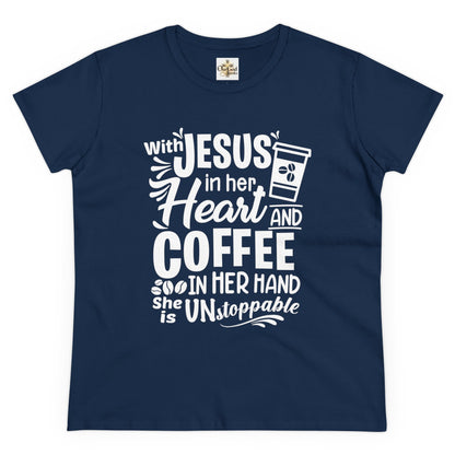 Jesus in her heart and coffee in her hand Women's T-Shirt