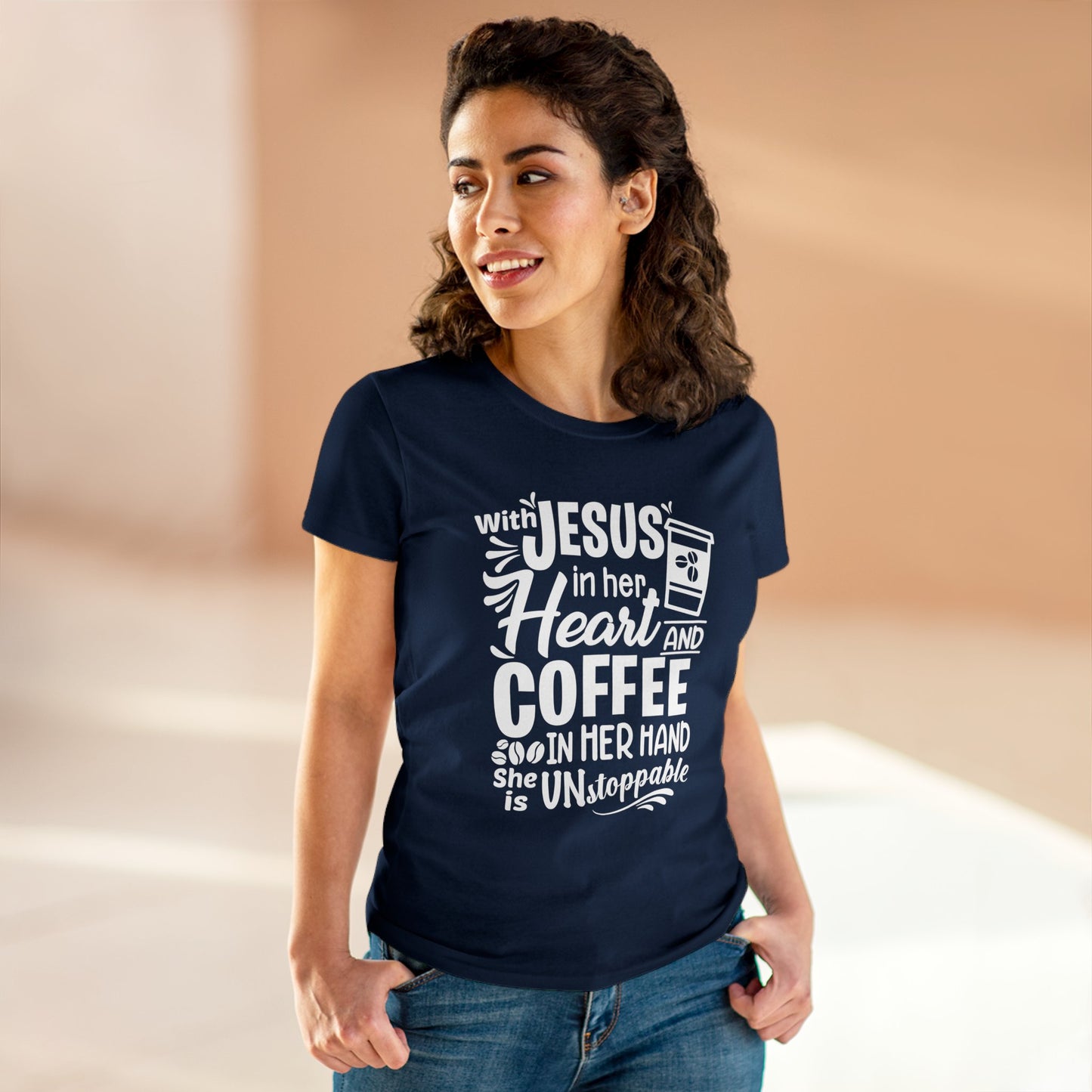 Jesus in her heart and coffee in her hand Women's T-Shirt