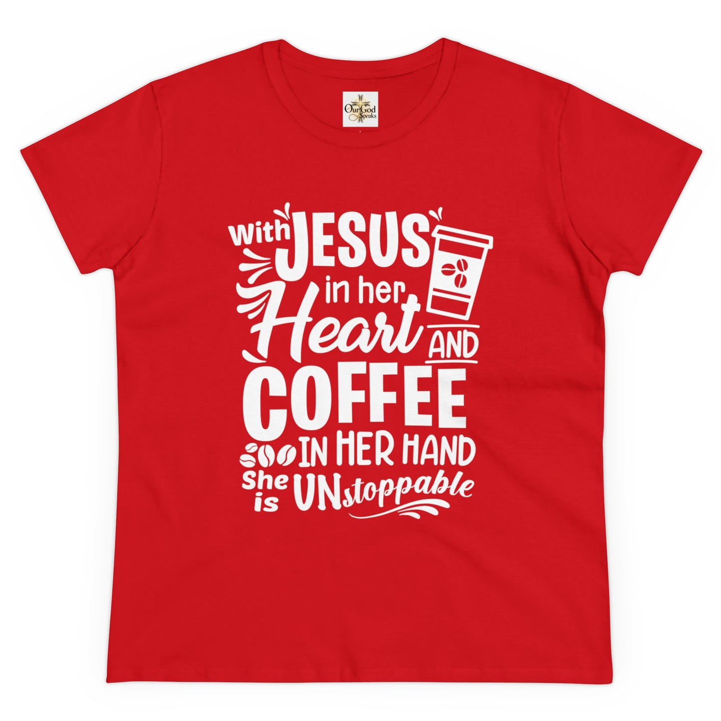 Jesus in her heart and coffee in her hand Women's T-Shirt