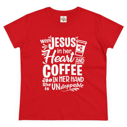 Jesus in her heart and coffee in her hand Women's T-Shirt