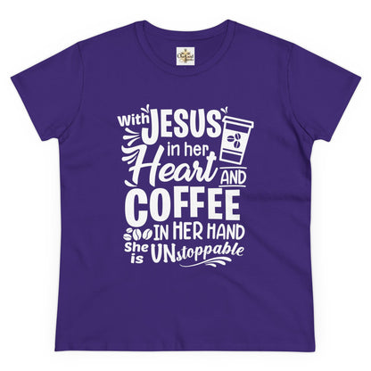 Jesus in her heart and coffee in her hand Women's T-Shirt