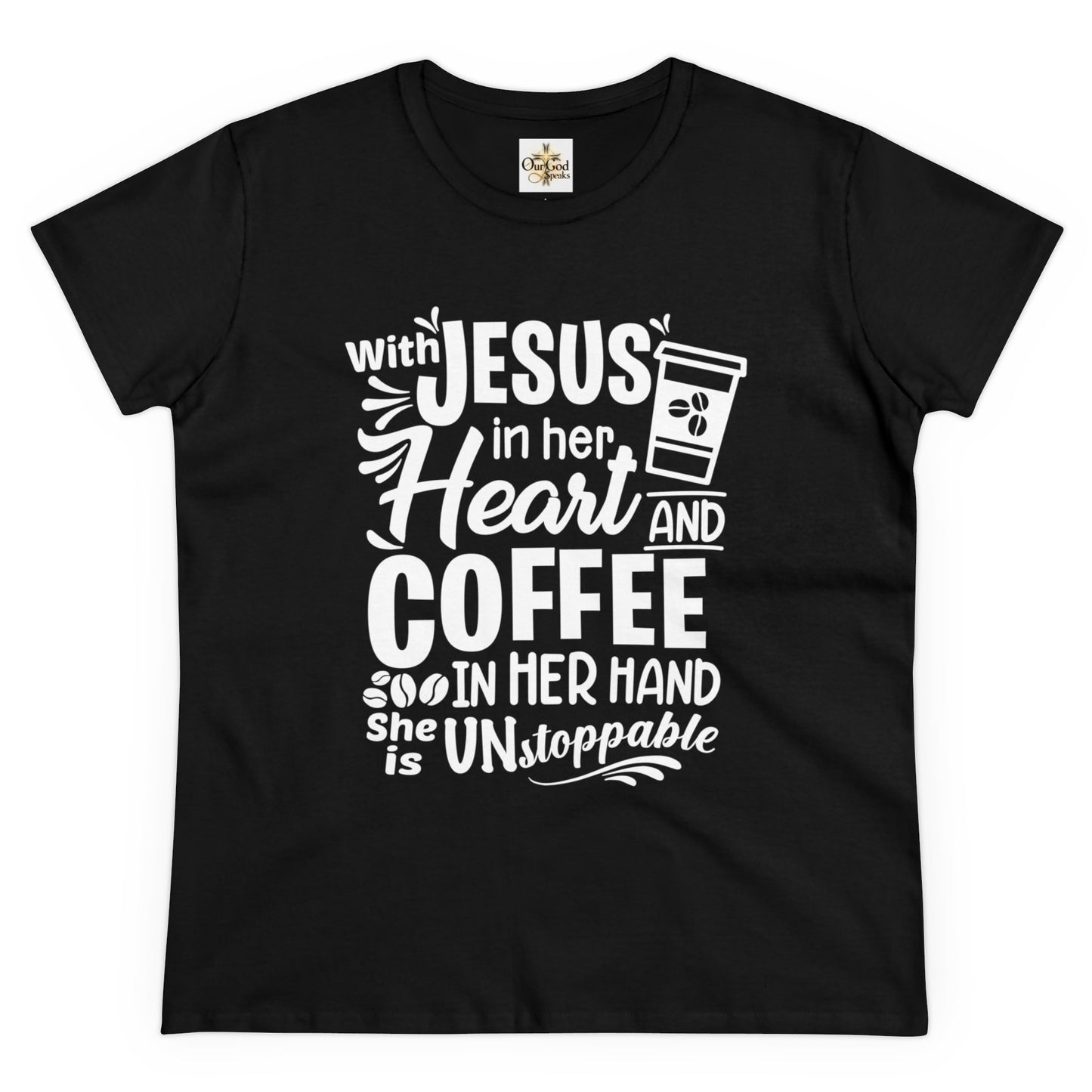 Jesus in her heart and coffee in her hand Women's T-Shirt