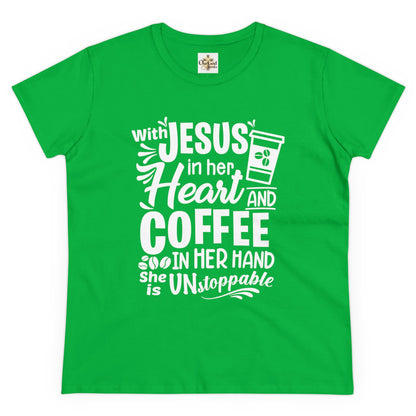 Jesus in her heart and coffee in her hand Women's T-Shirt