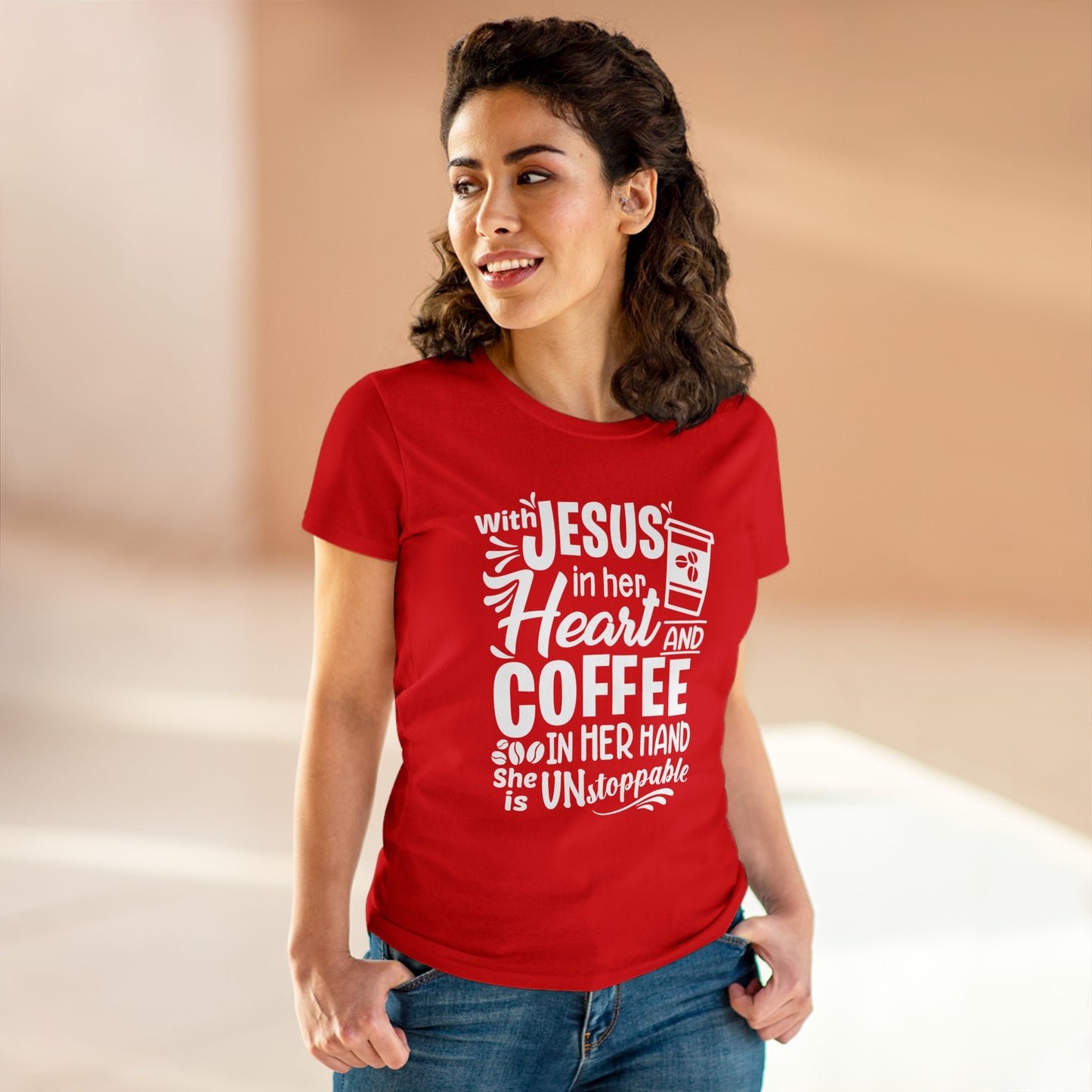 Jesus in her heart and coffee in her hand Women's T-Shirt