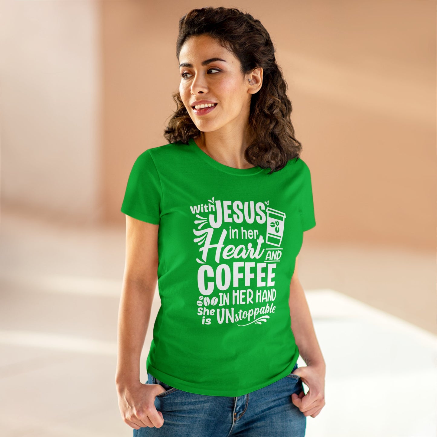 Jesus in her heart and coffee in her hand Women's T-Shirt